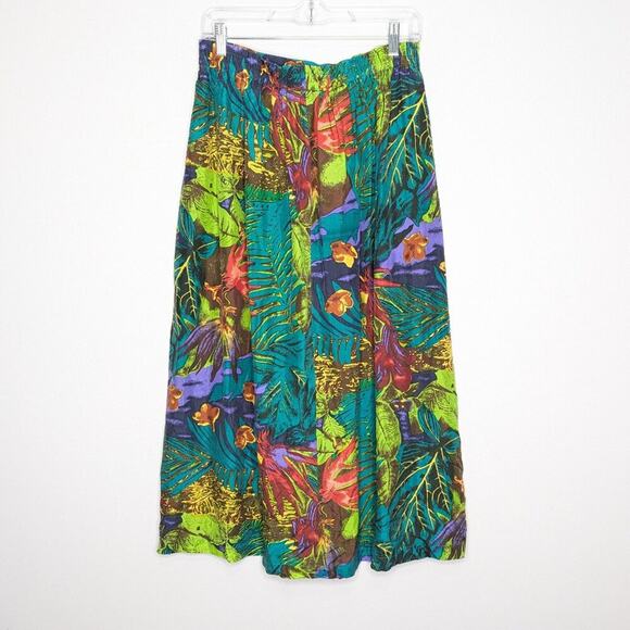 Vintage Green Tropical Jungle Palm Leaves Pattern Silk Maxi Skirt Elastic Waist - Picture 2 of 9